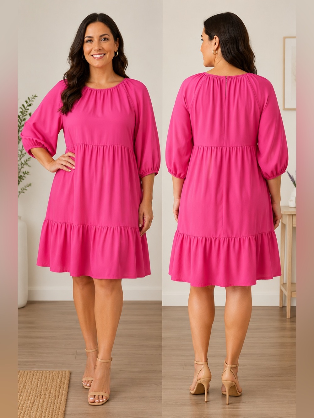 Chico’s Bright Pink Tiered Babydoll Dress – 3/4 Sleeve, Lightweight Poplin